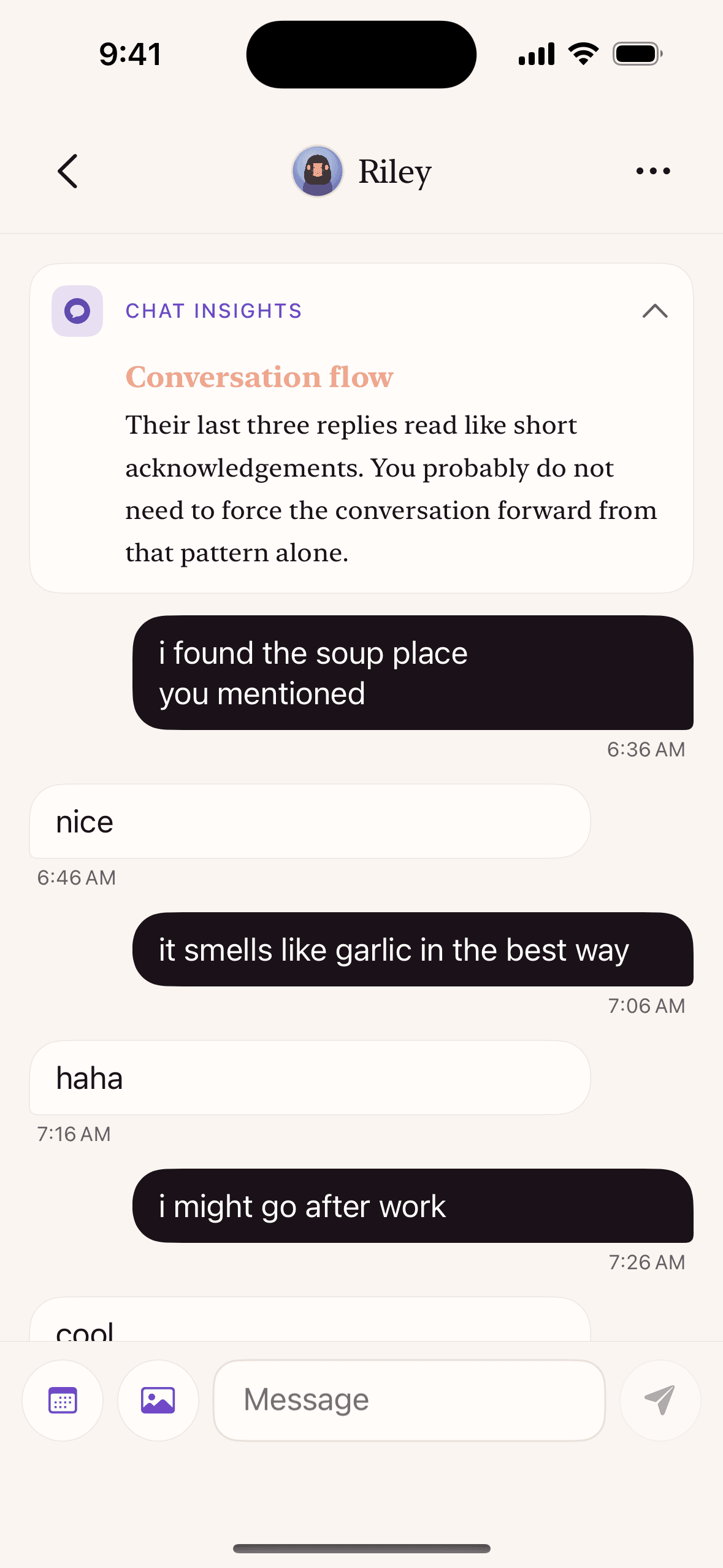 A Chat Insight noticing a brief acknowledgement